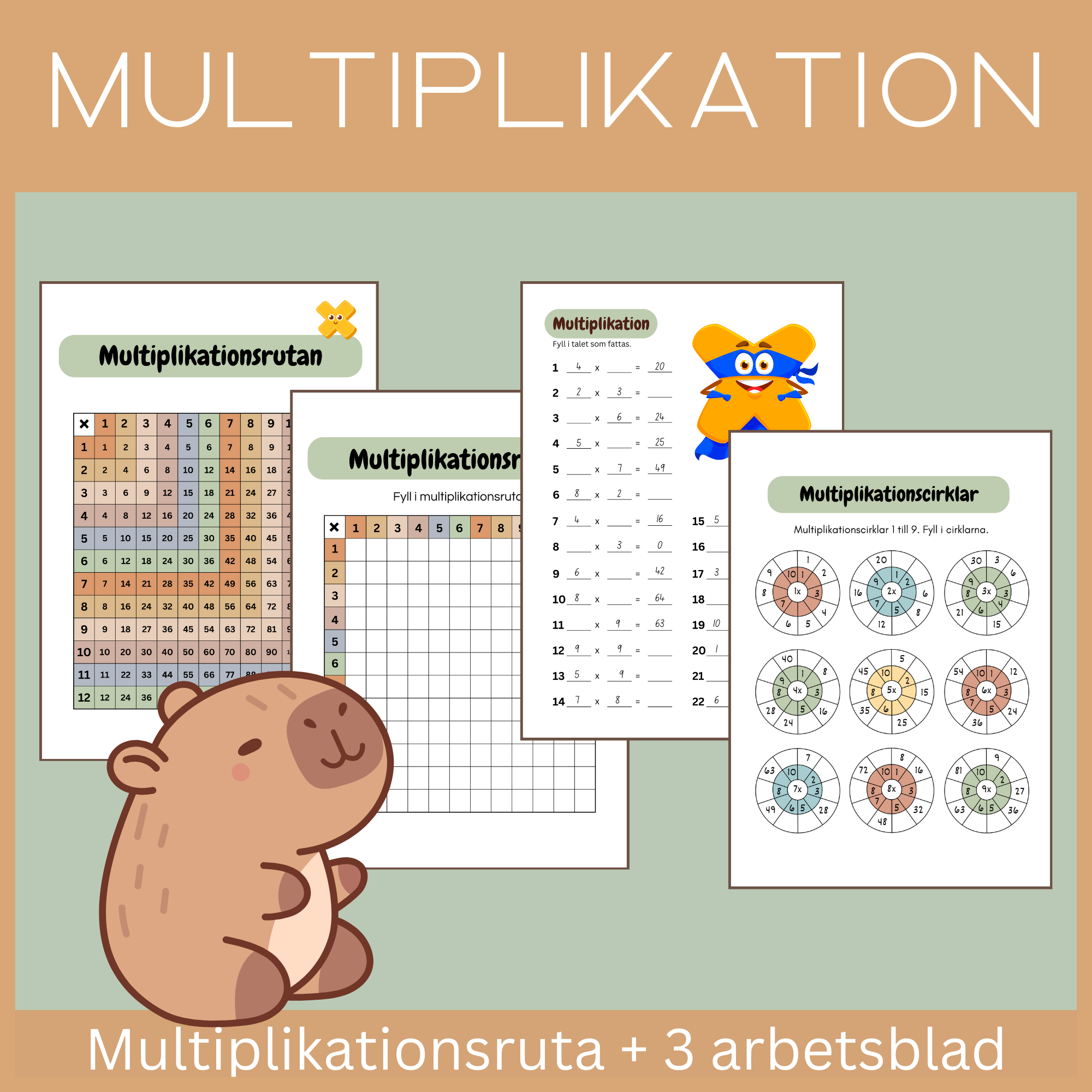 Multiplikation (multiplikationsruta + 4 arbetsblad)
