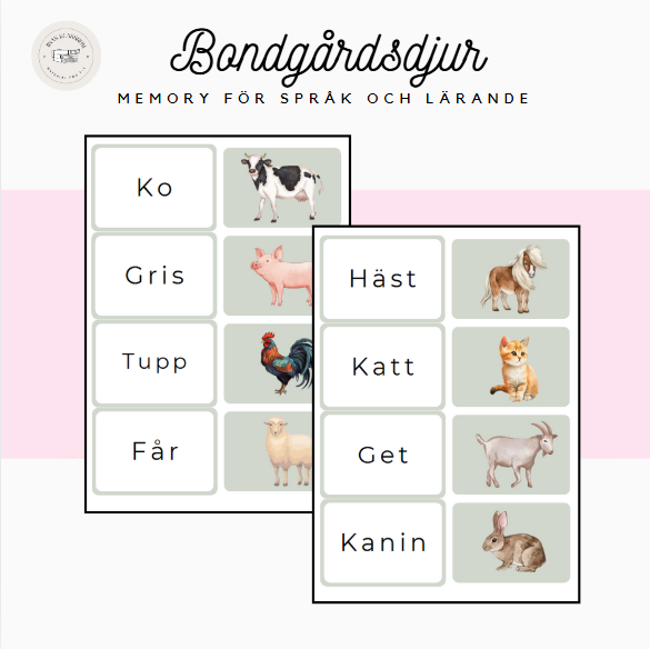 Bondgårdsdjur- Memory för språk och lärande