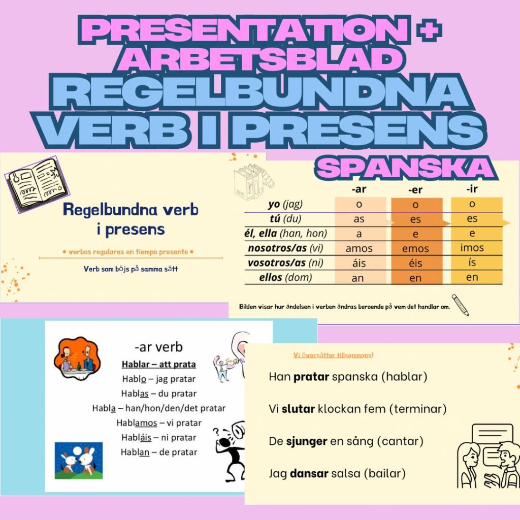 Regelbundna verb i presens, . Presentation + arbetsblad + stöddokument med förklaring