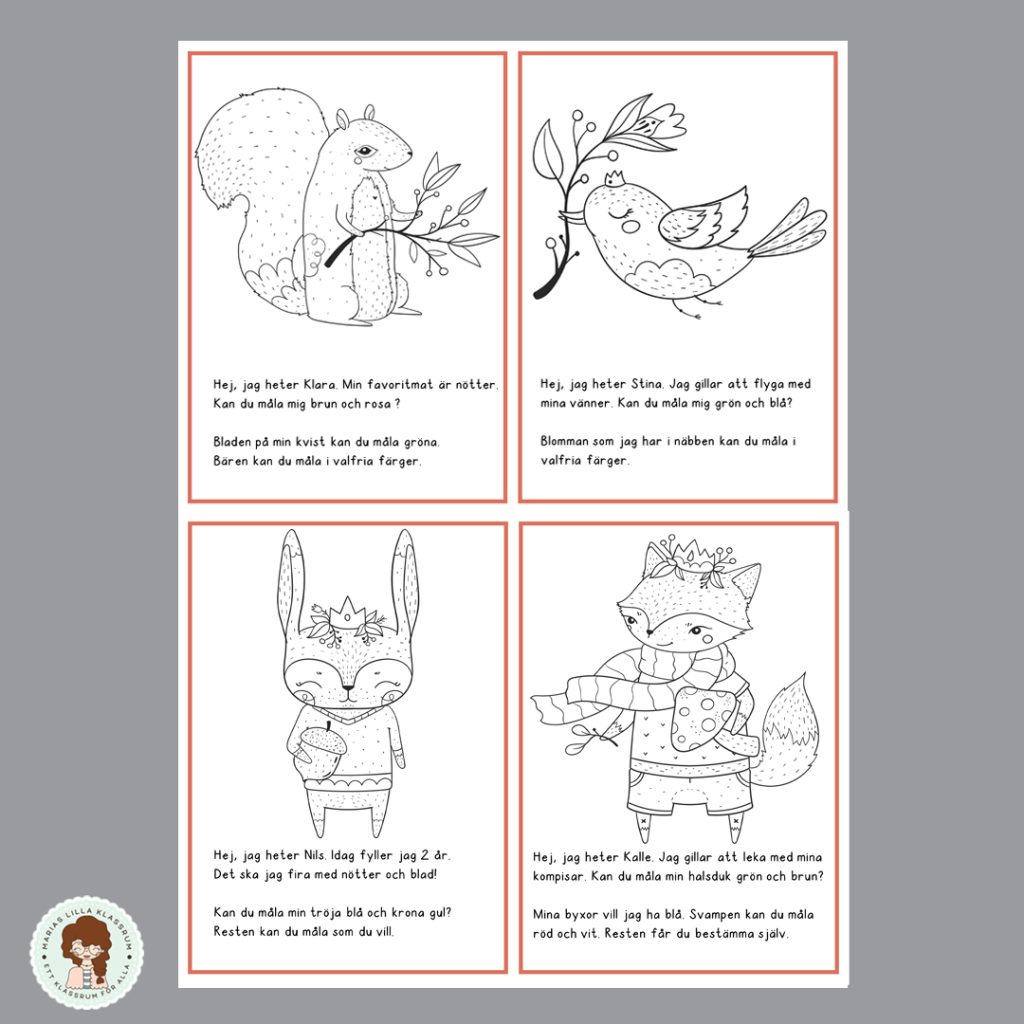 Läs och måla – 6 st kort med text och bild