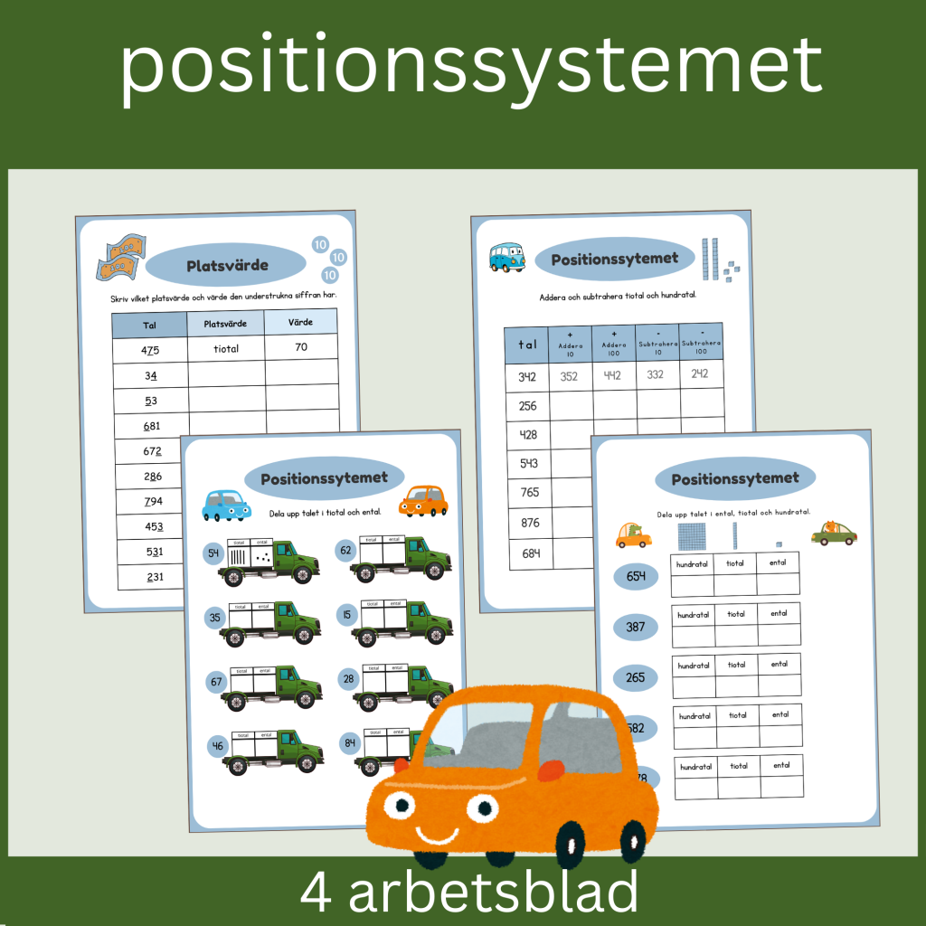 Öva på positionssystemet “Bilar”, 4 sidor