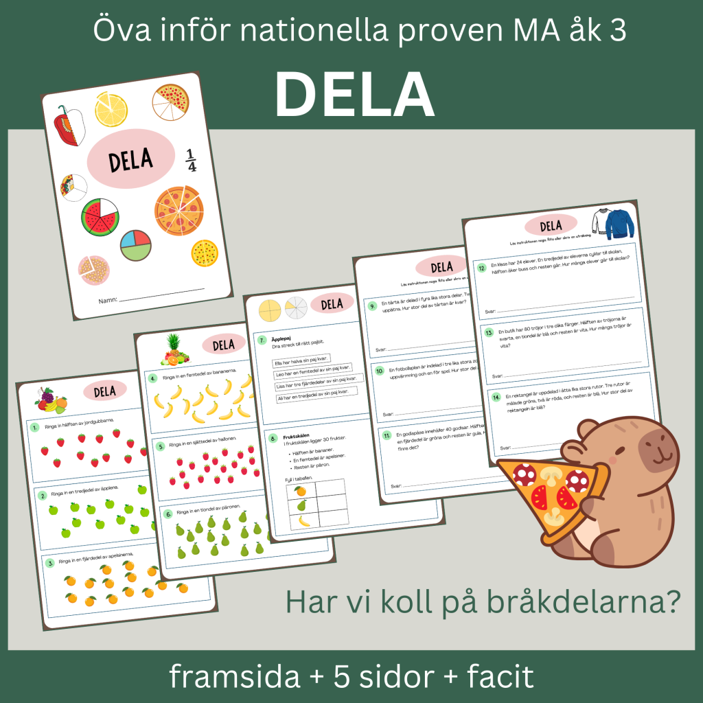 Dela – Har vi koll på bråkdelarna? Öva inför nationella proven åk 3. 5 sidor med facit.
