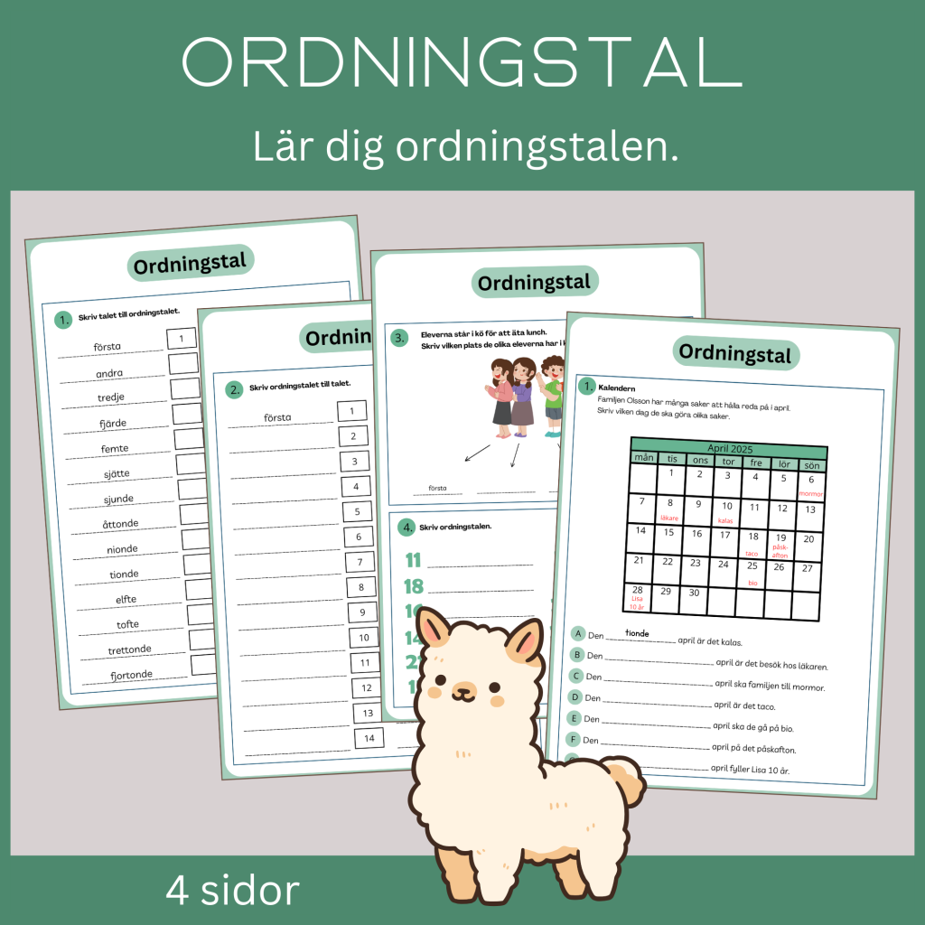 Öva ordningstal, 4 sidor