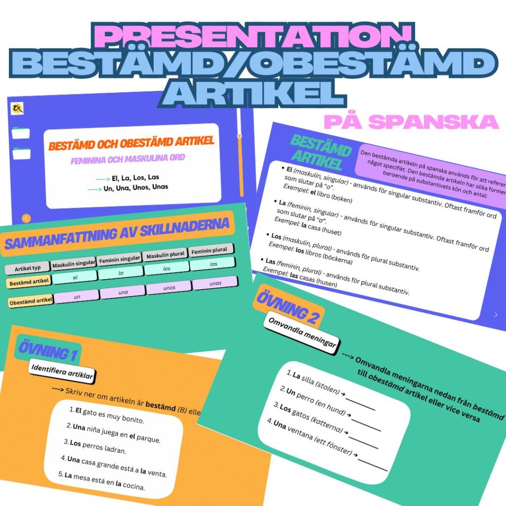 Bestämd/obestämd artikel spanska. Presentation med gemensamma övningar + arbetsblad & dokument med förklaring.