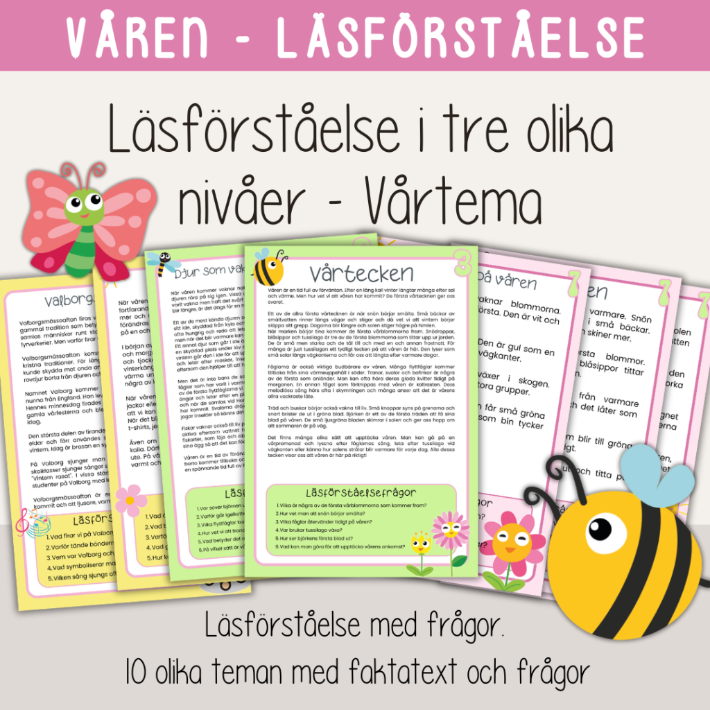Vårtema – Läsförståelse i tre olika nivåer – Tio olika ämnen om våren.