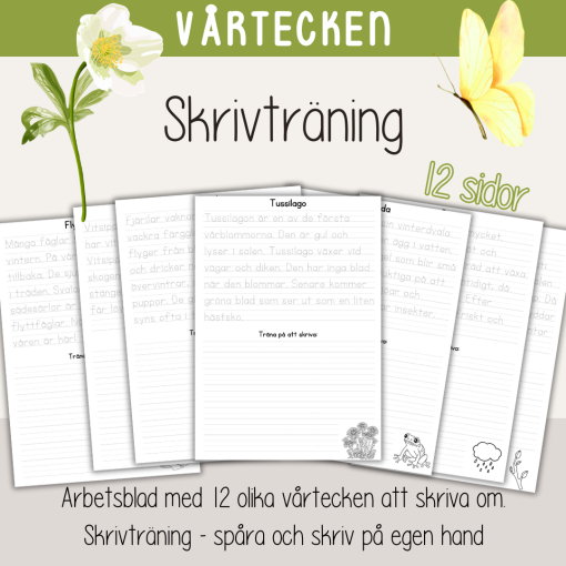 Vårtema - Skrivträning - vårtecken - våren - 12 olika skrivblad