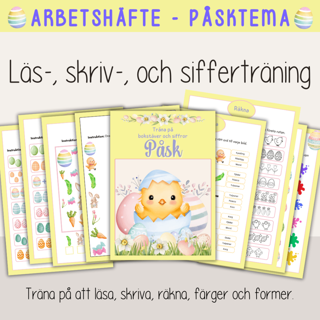 Påsk – Arbetshäfte bokstäver siffror färger former