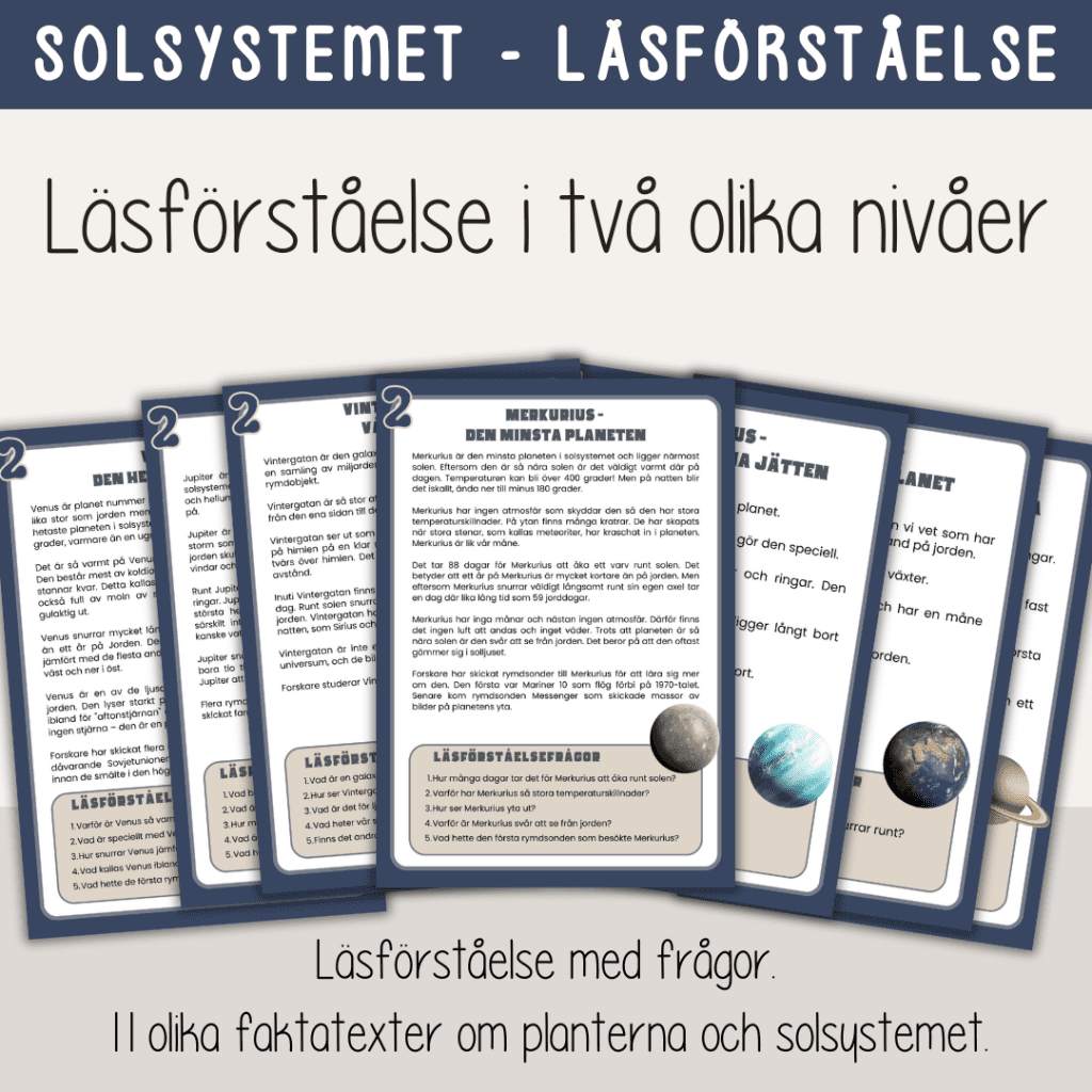 Läsförståelse – Rymden – Planeterna och solsystemet – Läsförståelse i två nivåer