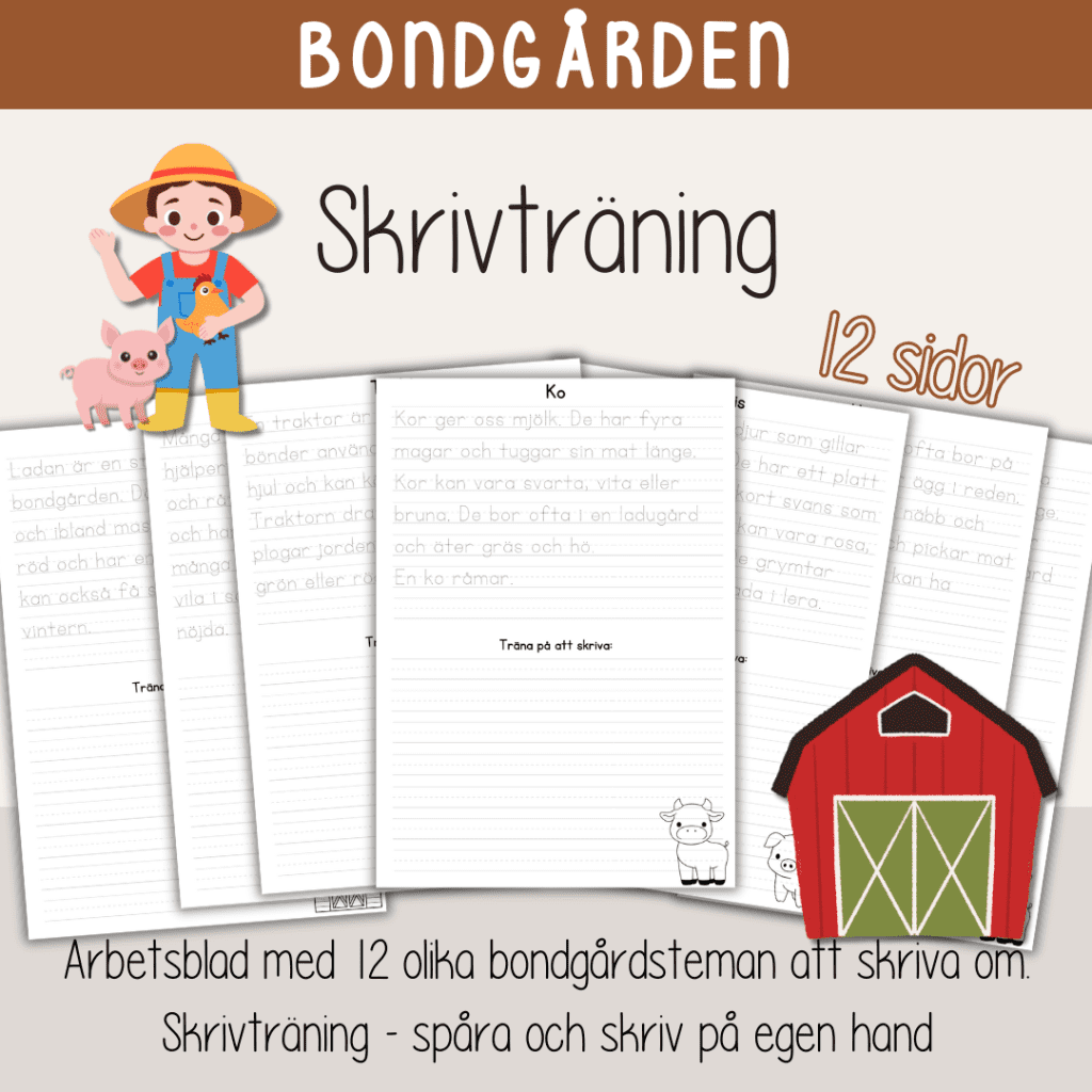Bondgården – Skrivträning – 12 olika skrivblad