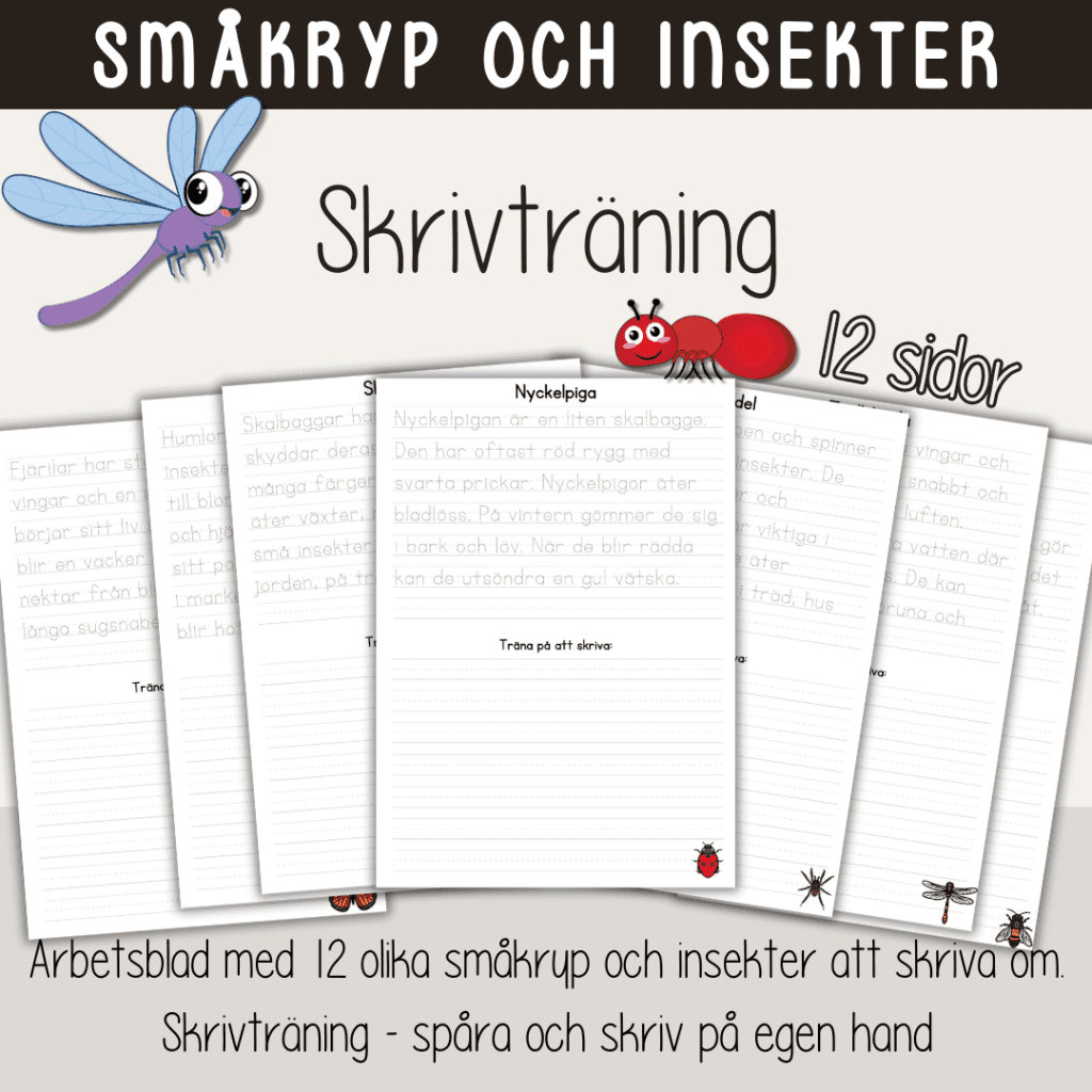 Småkryp och insekter – Skrivträning – 12 olika skrivblad