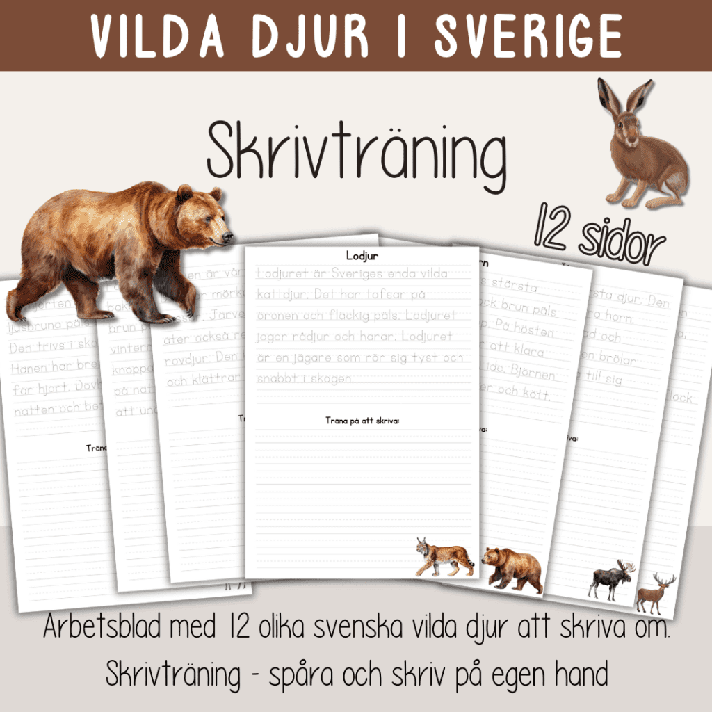 Vilda djur i Sverige – Skrivträning – 12 oliks skrivblad