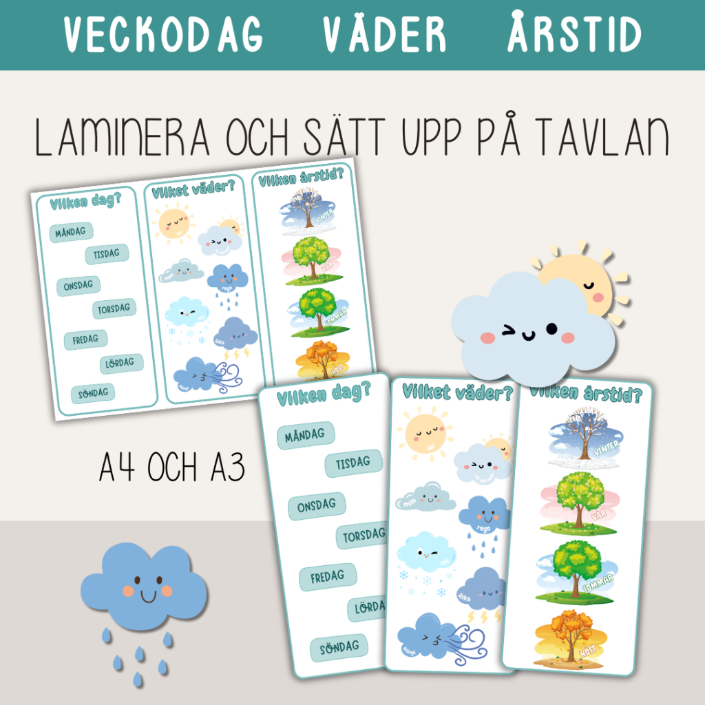 Vilken veckodag? Vilket väder? Vilken årstid? Vecko-, väder- och årstidstavla.