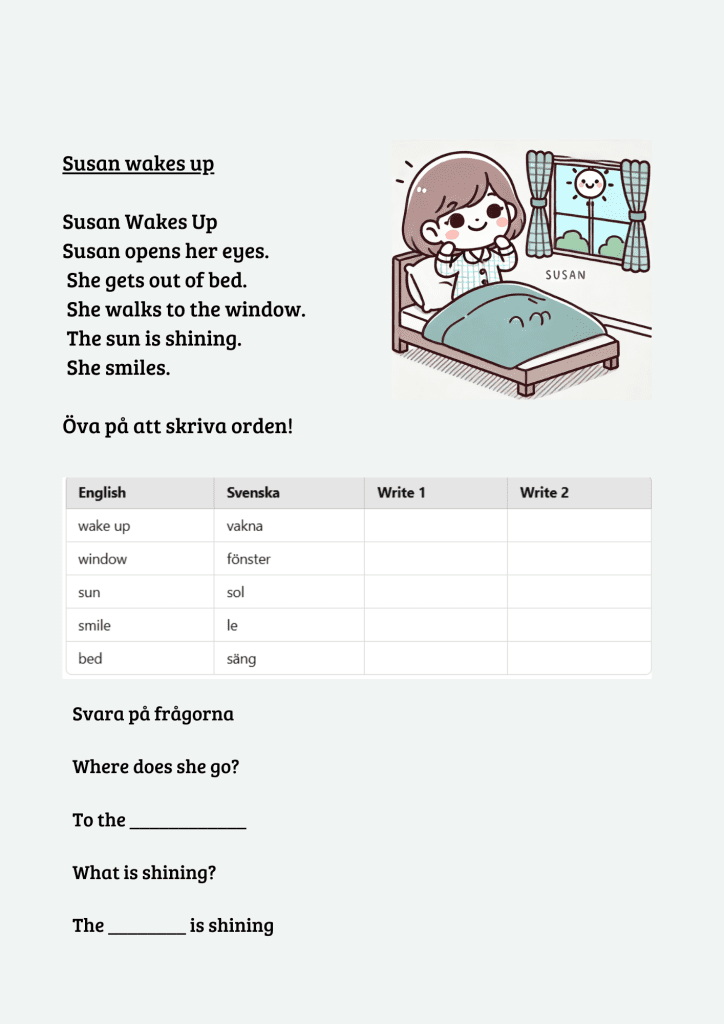 Susan Wakes up – Läsförståelse engelska (bas)