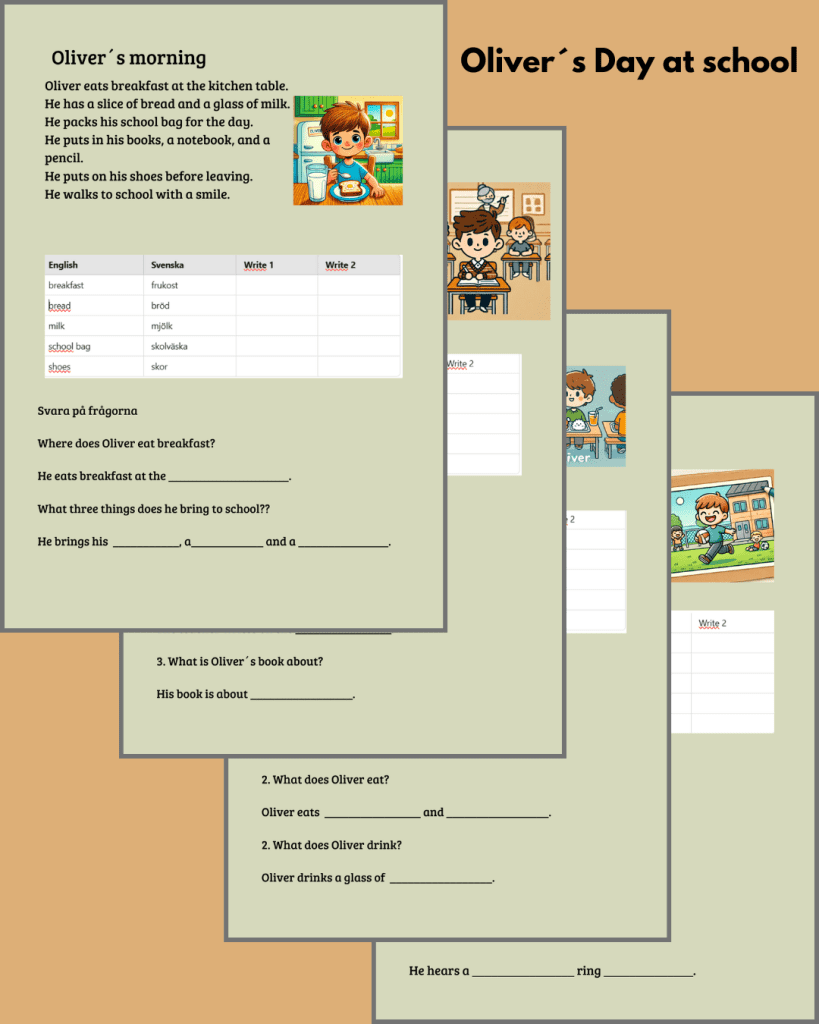 Oliver´s day at school – korta läsförståelsetexter (engelska)