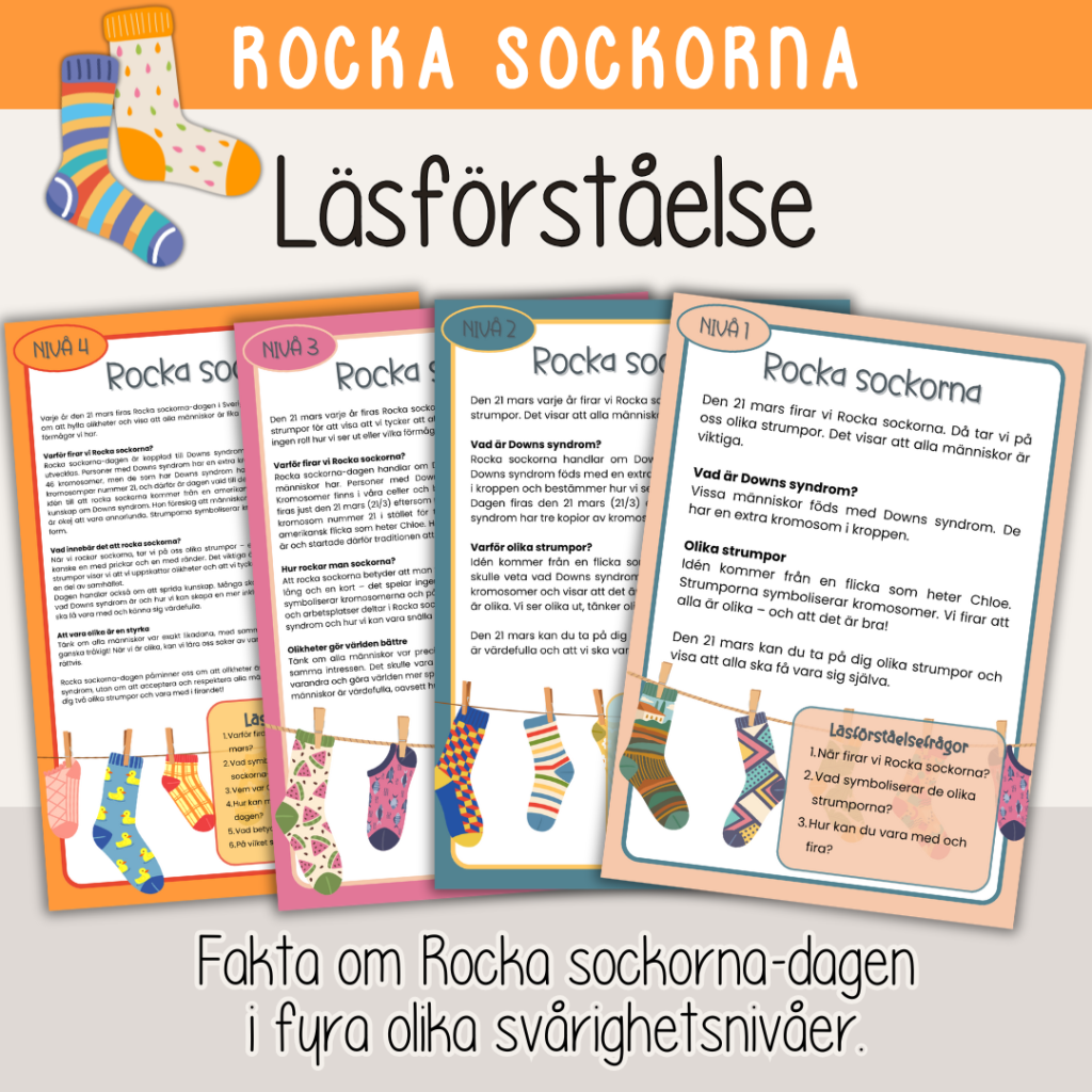 Rocka sockorna – Läsförståelse i fyra nivåer med frågor.