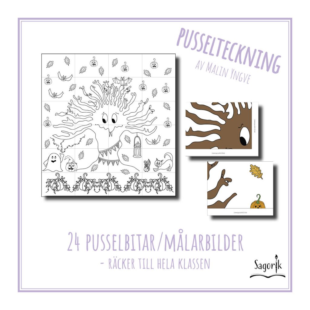 Pusselteckning Halloween Det skrämda trädet