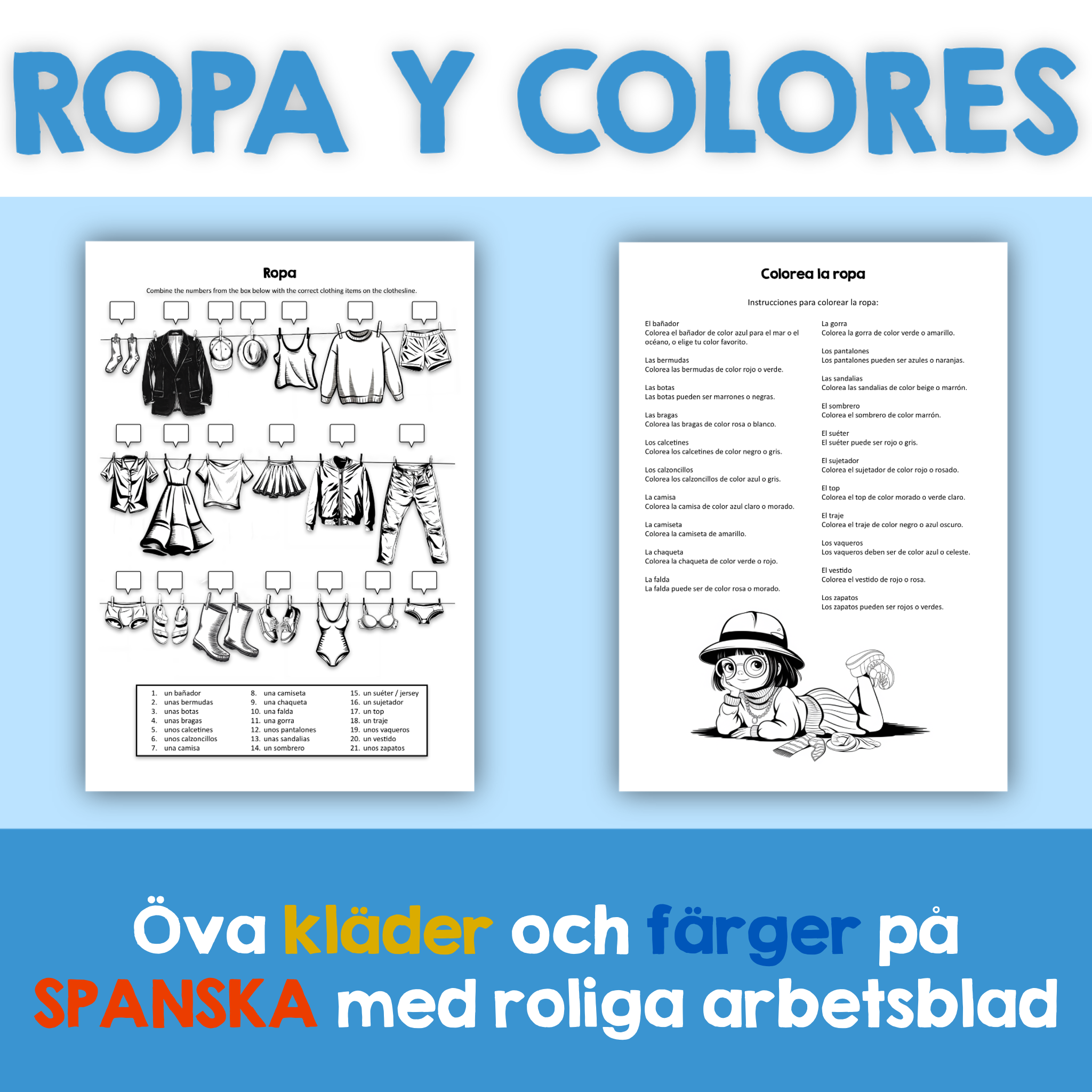 Ropa y colores - Spanska kläder och färger arbetsblad