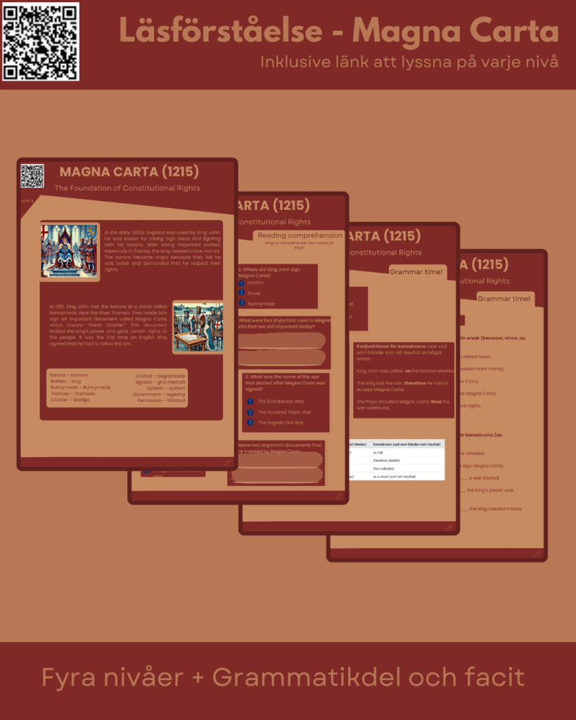 Magna Carta läsförståelse i fyra nivåer (med möjlighet att lyssna på texten)