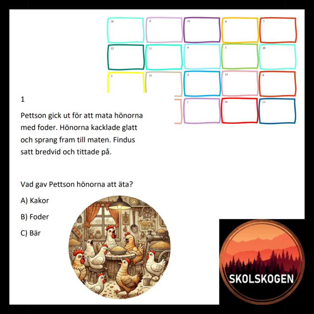 Läsförståelse + bingo om Pettson och Findus 20 LÄTTA texter