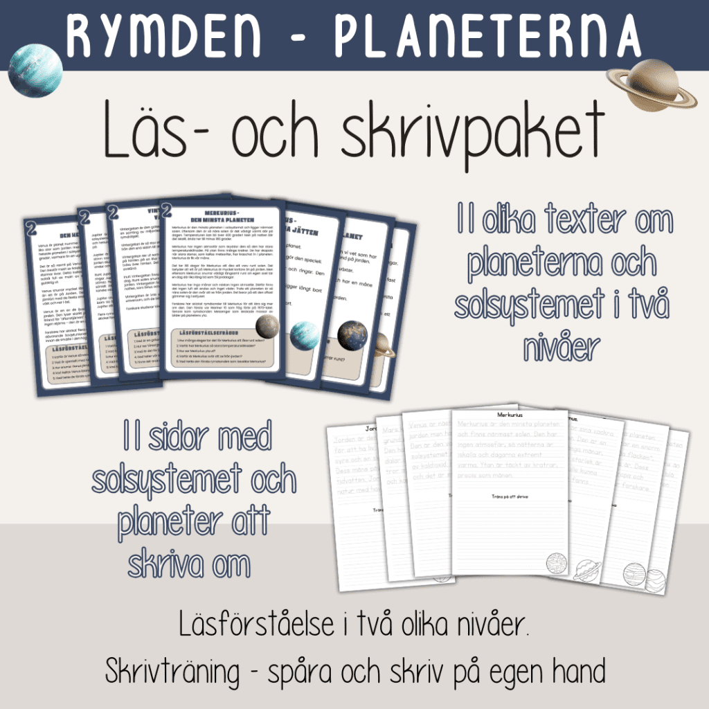 Läs – och skrivpaket – Rymden – Solsystemet och planeterna. Läsförståelse och skrivträning