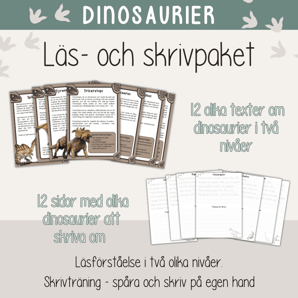 Läs – och skrivpaket – Dinosaurier – Läsförståelse och skrivträning