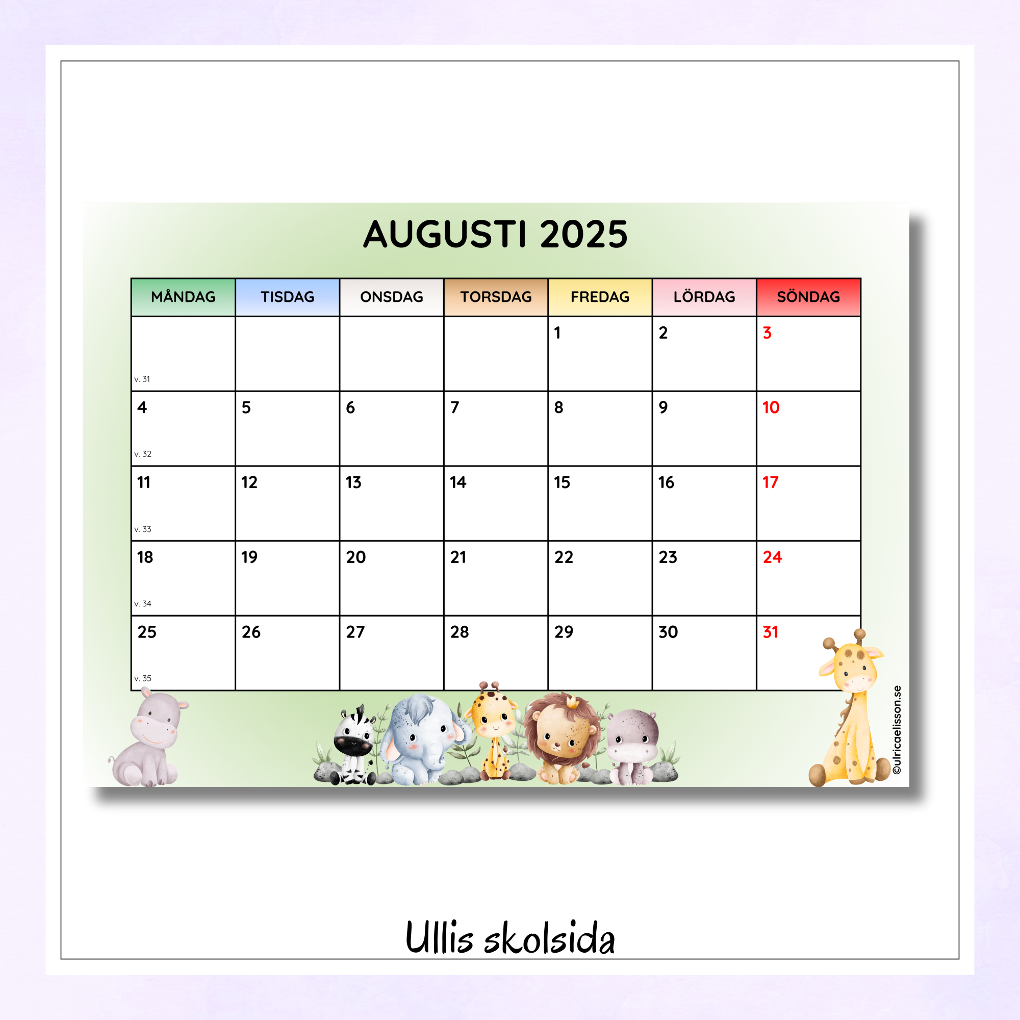 Klassrumskalender 25/26 Färgkodade veckodagar