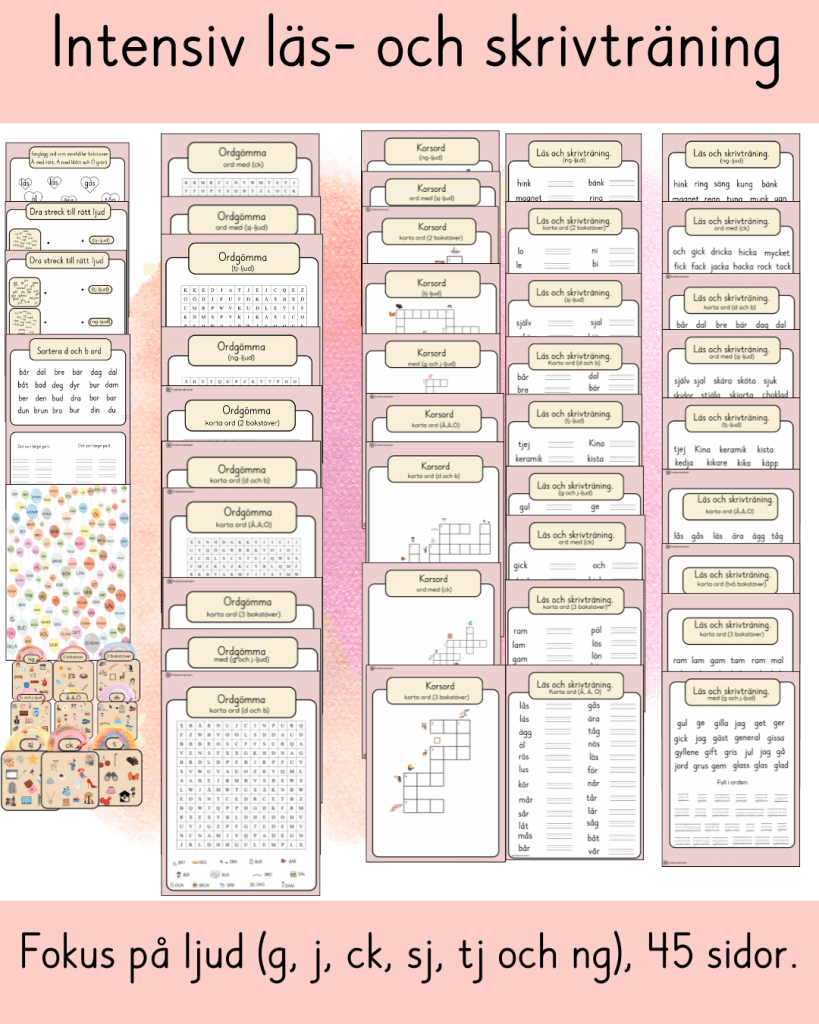 Intensiv läs- och skrivträning: Fokus på ljud (g, j, ck, sj, tj och ng) 45 sidor.