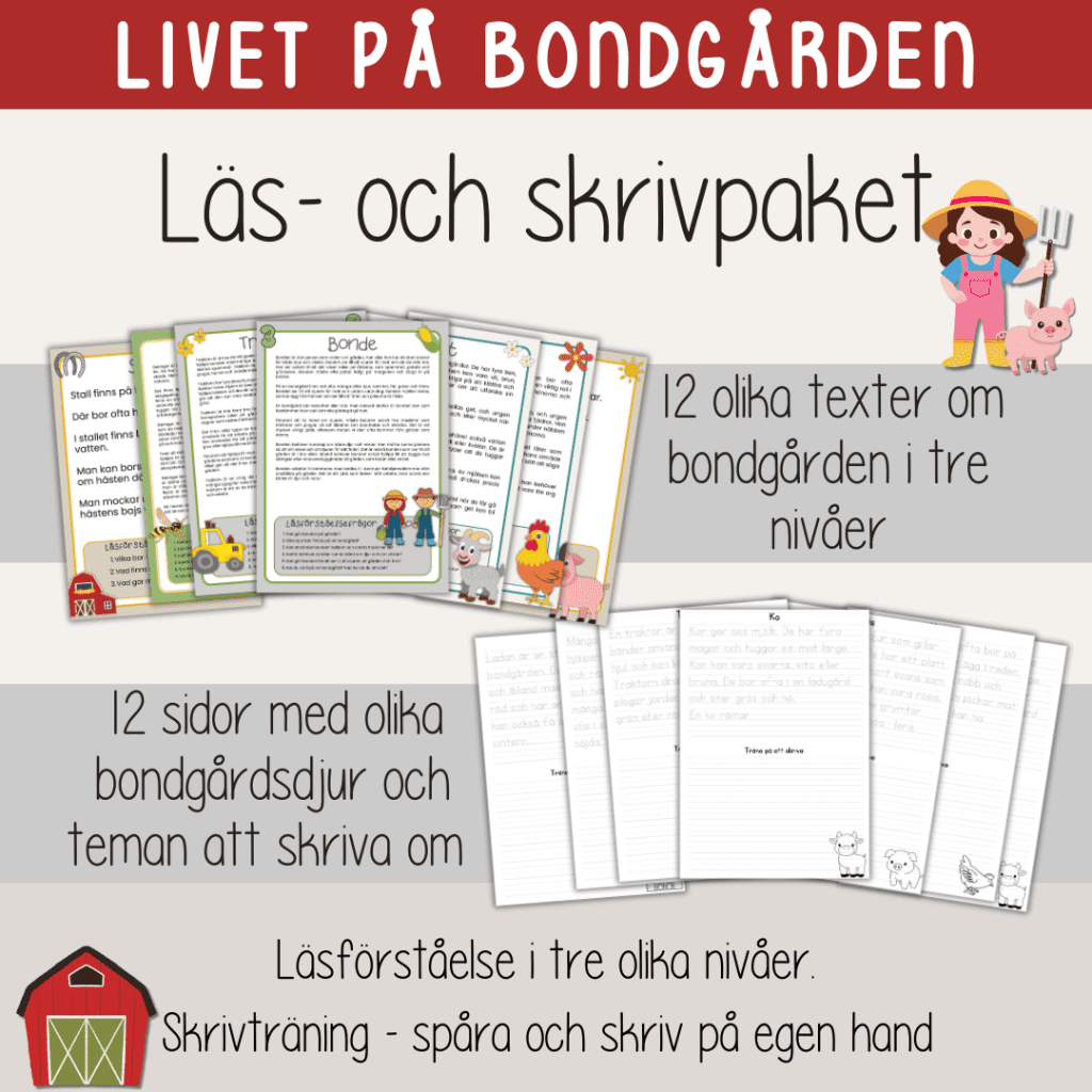 Läs- och skrivpaket – Tema Bondgården – Faktatexter i 3 olika nivåer och skrivblad.
