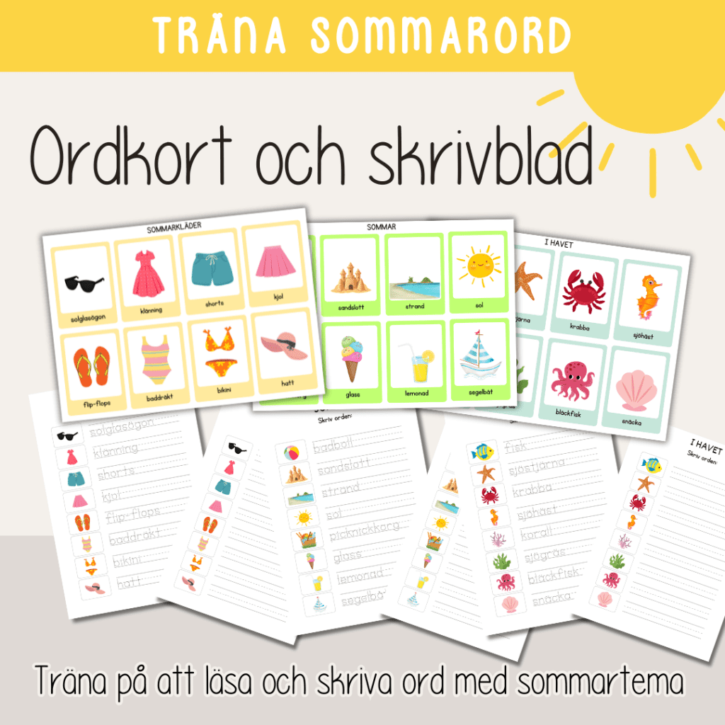 Sommar – ordkort och skrivblad med sommartema – Läs, skriv och spåra