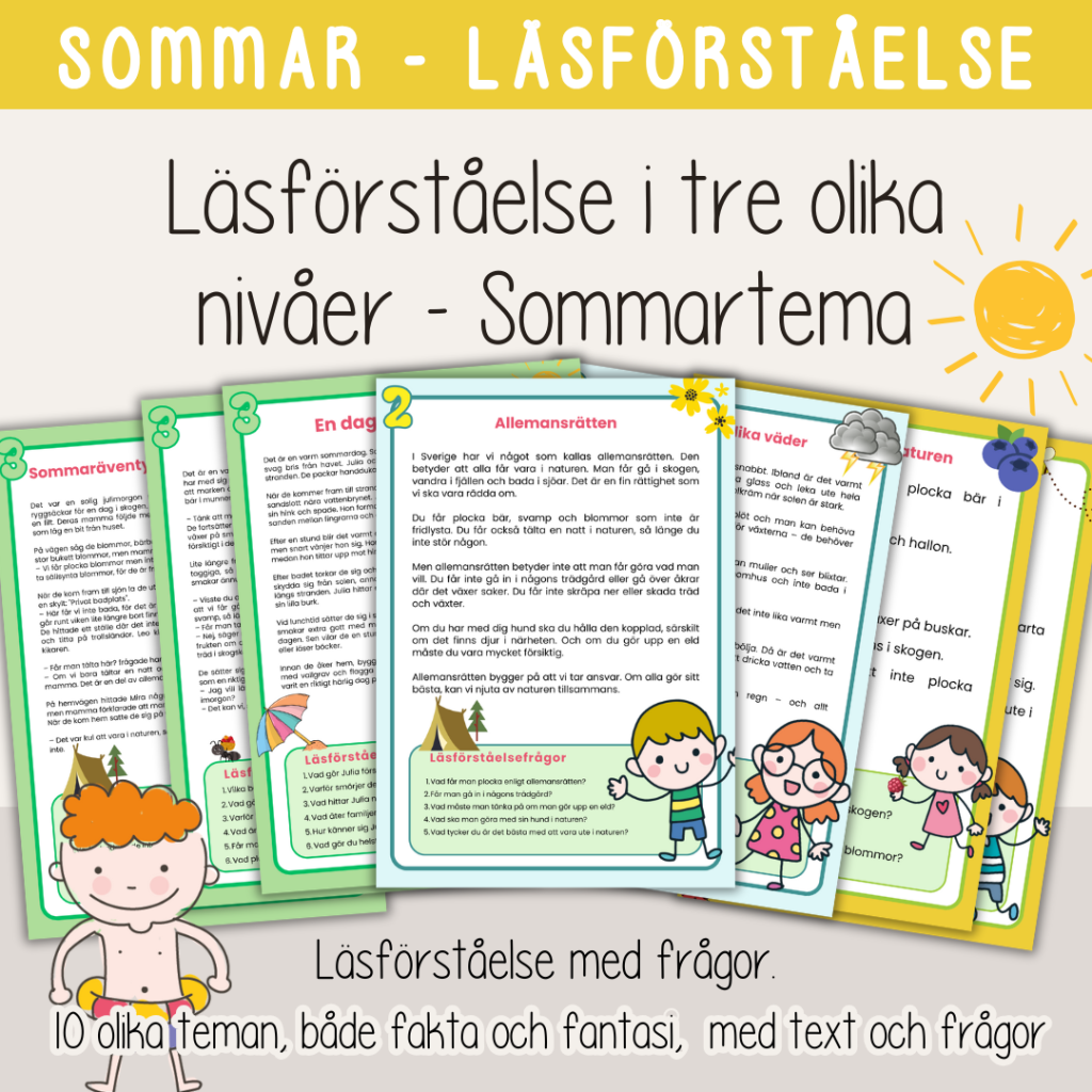 Sommar – Sommarlov – Läsförståelse i tre olika nivåer – 10 olika teman