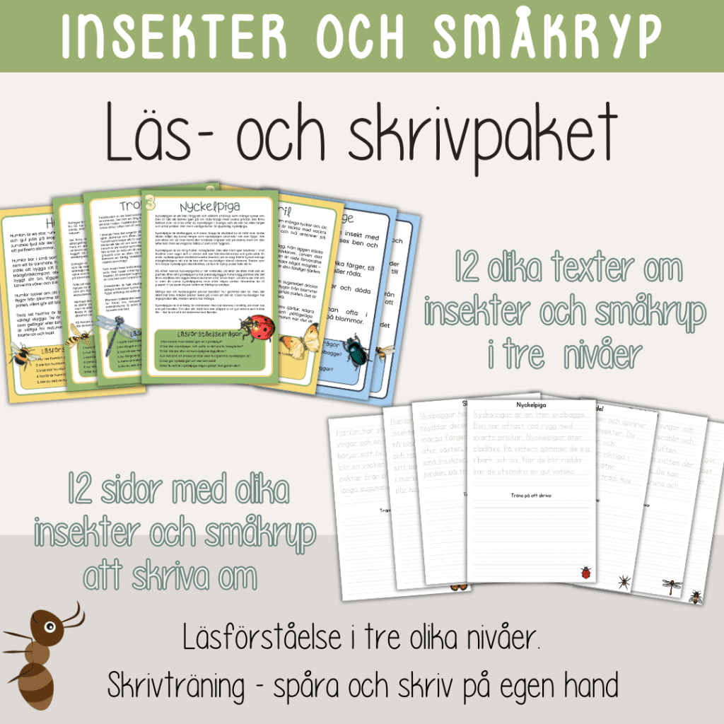 Läs- och skrivpaket – Tema insekter och småkryp – Faktatexter i 3 olika nivåer och skrivblad.