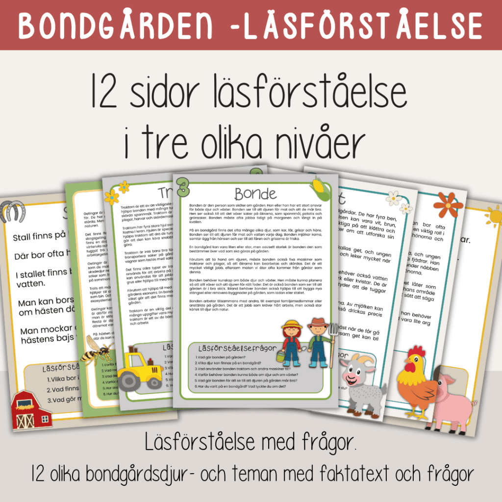 Livet på bondgården – Läsförståelse i tre nivåer – 12 olika faktablad med frågor