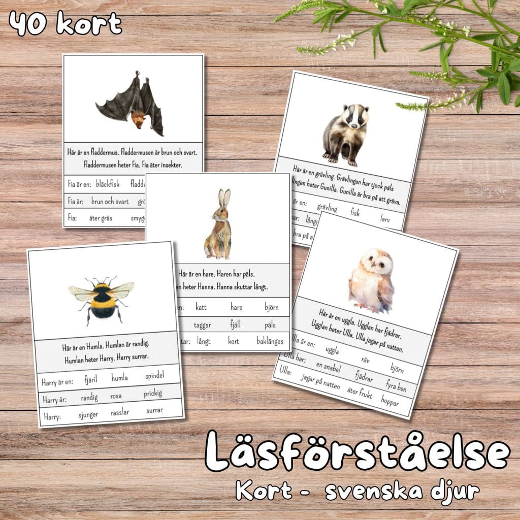 Läsförståelse – 40 kort – svenska djur