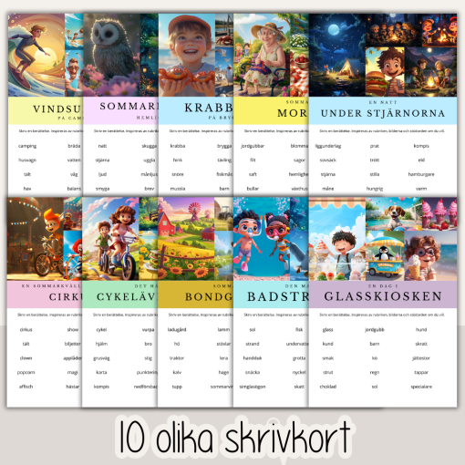 Sommar - Sommartema - Skrivkort med inspiration till att skriva berättelser med sommartema.