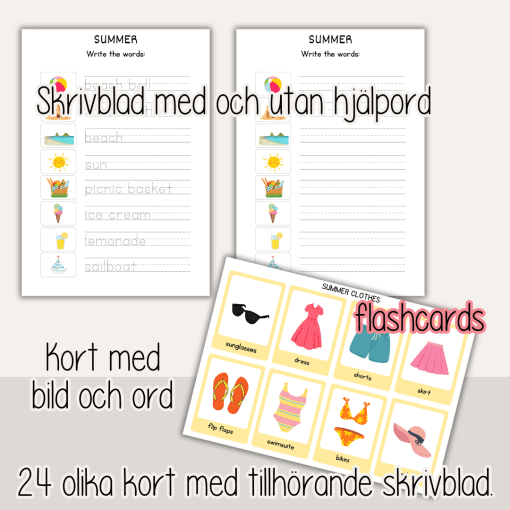 Summer - Glosor - ordkort och skrivblad med engelska sommarord - Läs, skriv och spåra