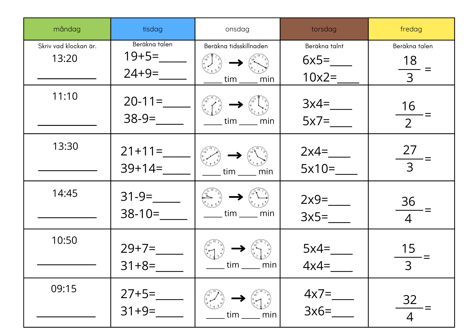 Morgonuppgifter för 5 veckor (blandade uppgifter i matte)