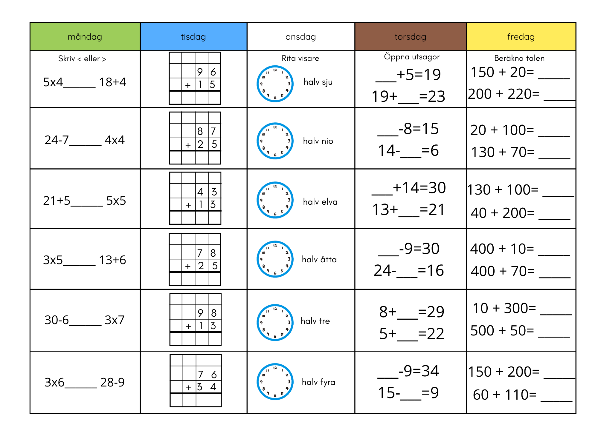 Morgonuppgifter för 5 veckor (blandade uppgifter i matte)