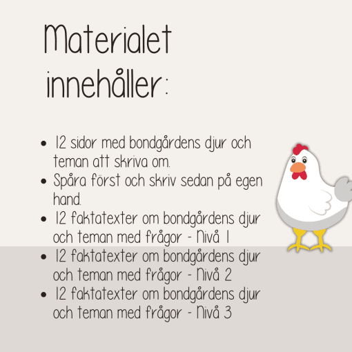 Läs- och skrivpaket – Tema Bondgården – Faktatexter i 3 olika nivåer och skrivblad.
