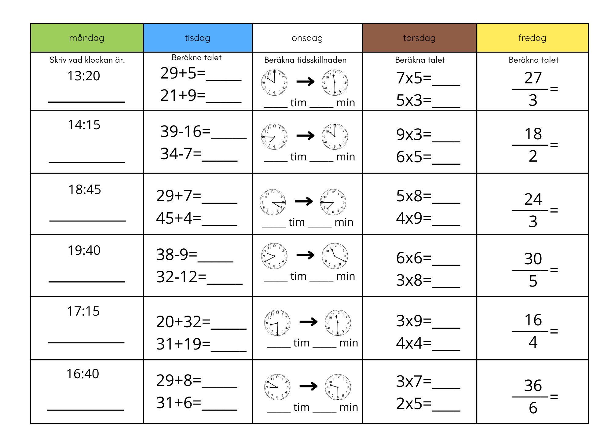 Morgonuppgifter för 5 veckor (blandade uppgifter i matte)