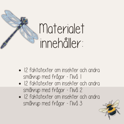 Insekter och andra småkryp - Läsförståelse i tre nivåer - 12 olika faktablad med frågor.