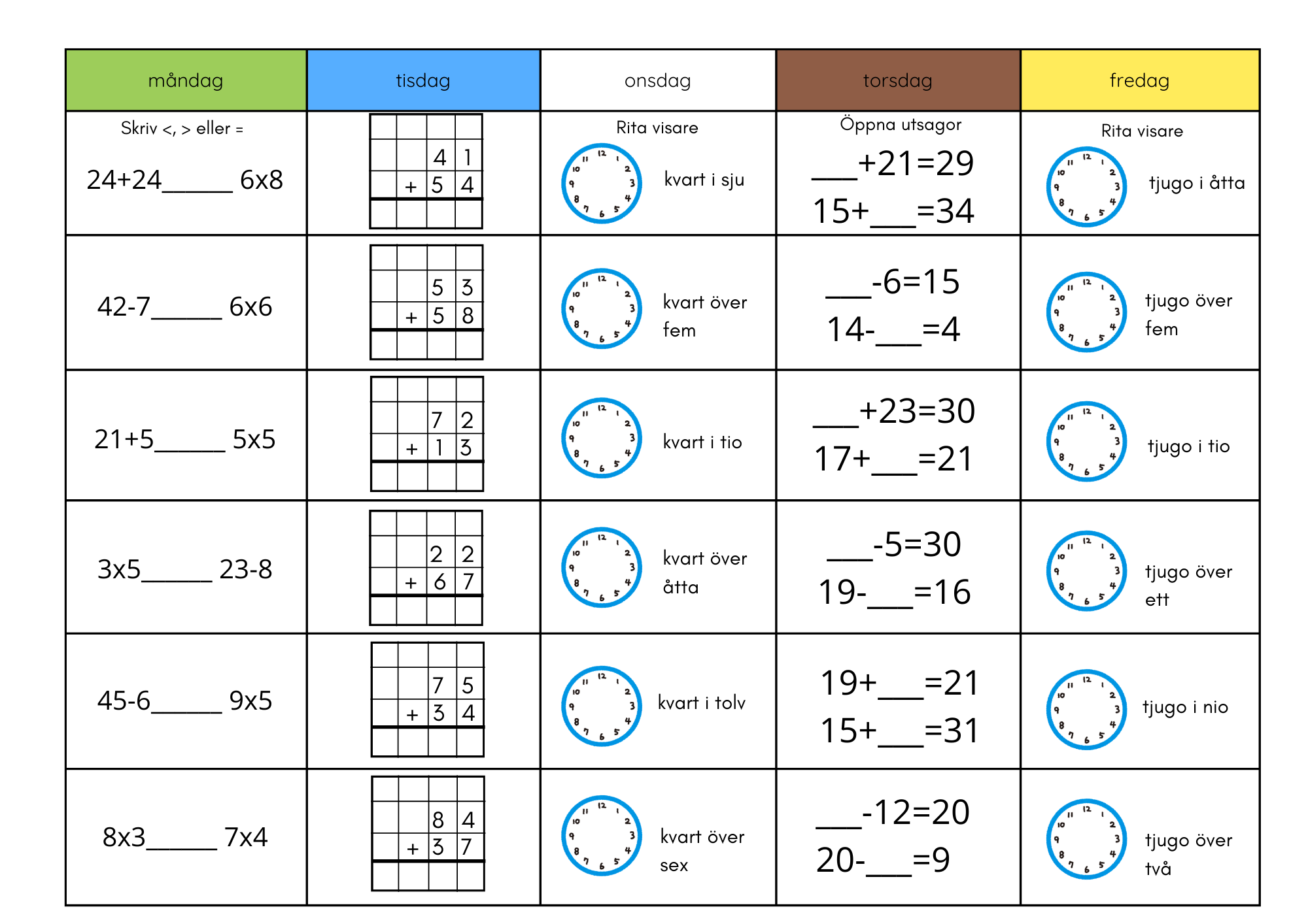 Morgonuppgifter för 5 veckor (blandade uppgifter i matte)