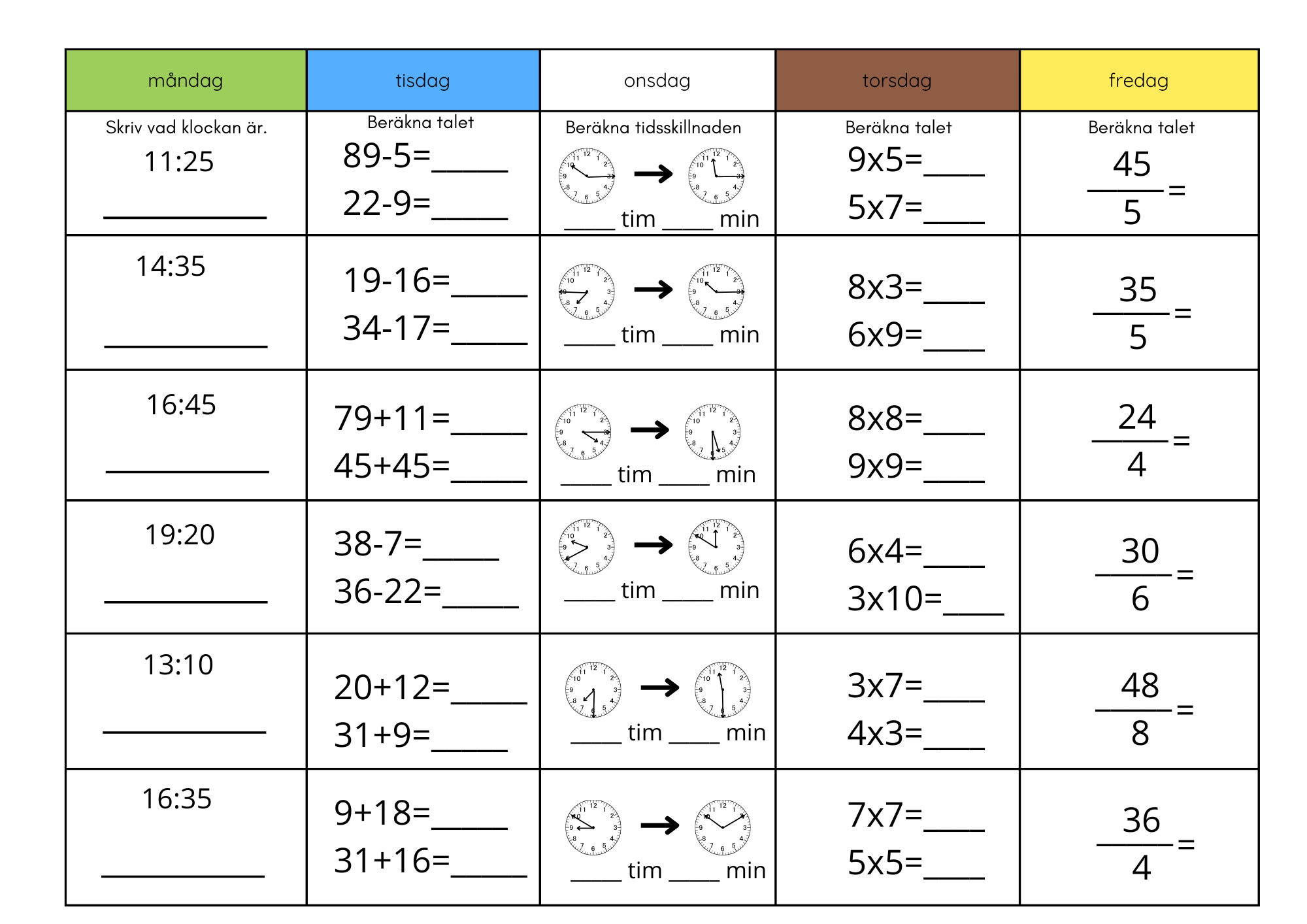 Morgonuppgifter för 5 veckor (blandade uppgifter i matte)