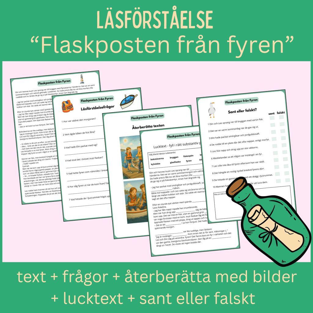 Läsförståelseövning med text och 4 uppgifter – “Flaskposten från fyren”