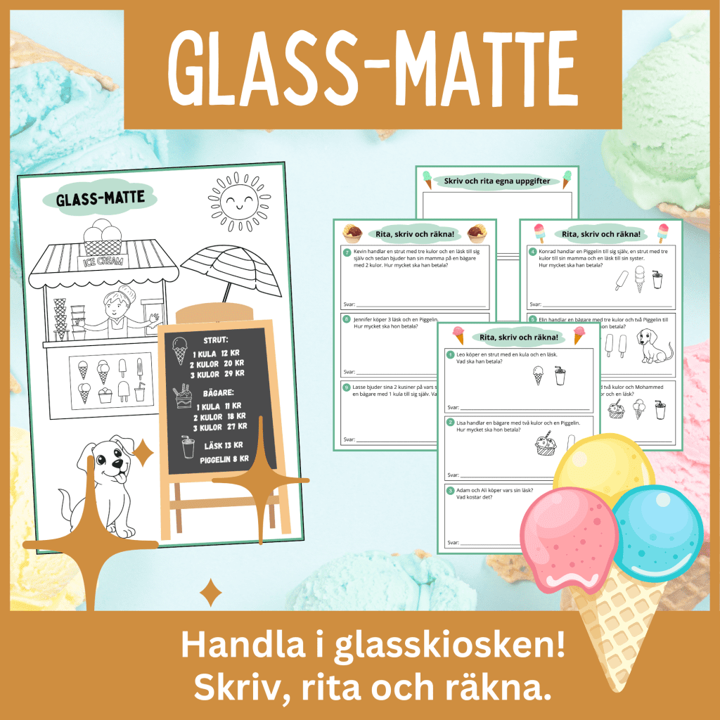 Glass-matte för lågstadiet. Handla i glasskiosken! 4 arbetsblad med addition.