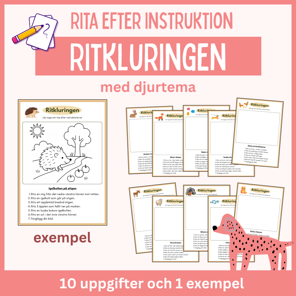 Rita efter instruktion – enkel läsförståelse med djurtema, 10 arbetsblad