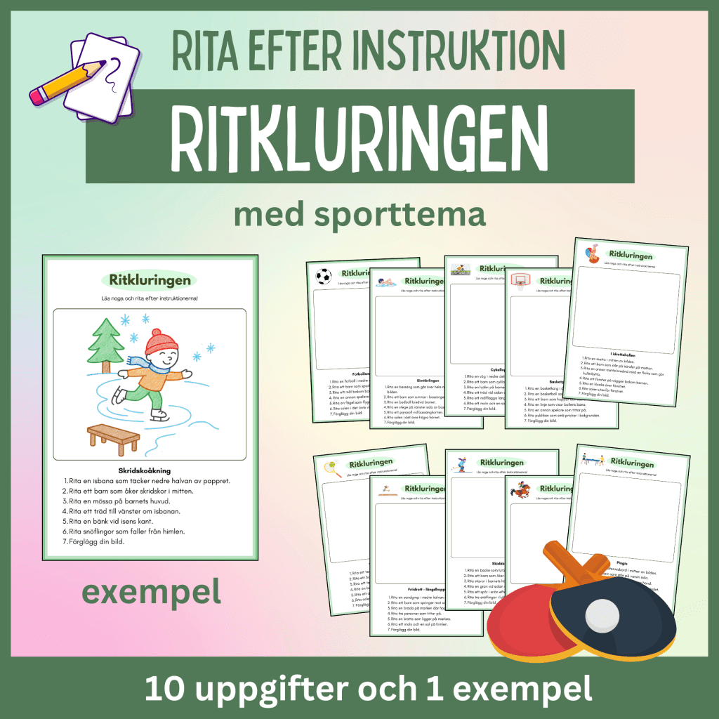 Rita efter instruktion – enkel läsförståelse med sporttema, 10 arbetsblad