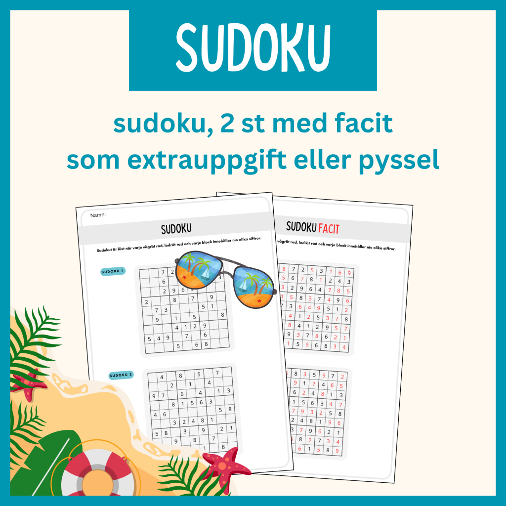 Sudoku, 2 st med facit, som extrauppgift eller pyssel