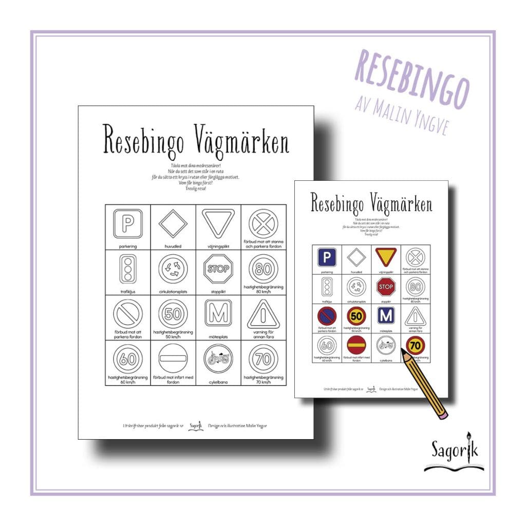 Pyssla på resan – Resebingo vägmärken med bildstöd