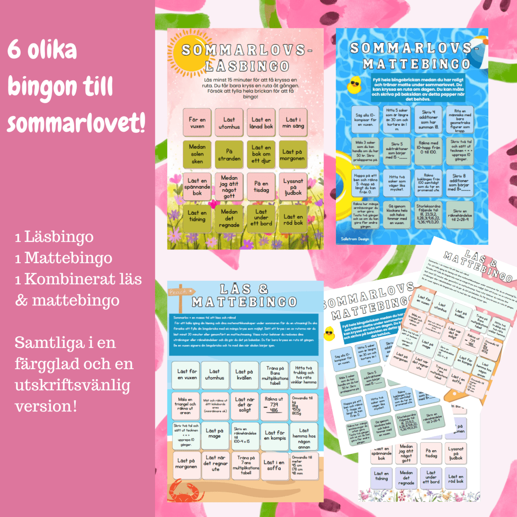 6 olika bingon läsbingo, mattebingo
