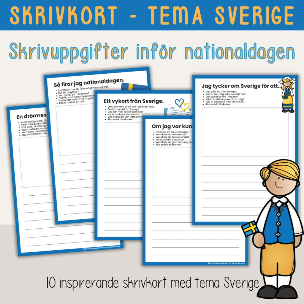 Sveriges nationaldag – Skrivkort – Tema Sverige | Skrivuppgifter inför nationaldagen